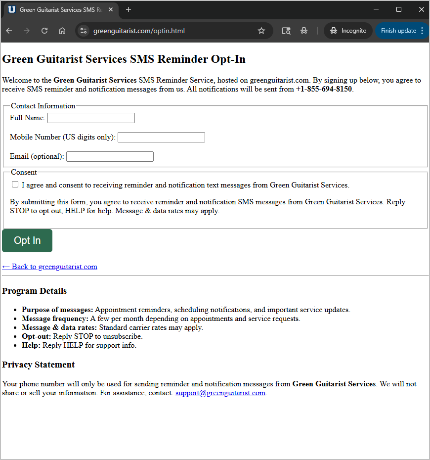 Opt-In form showing fields and consent checkbox