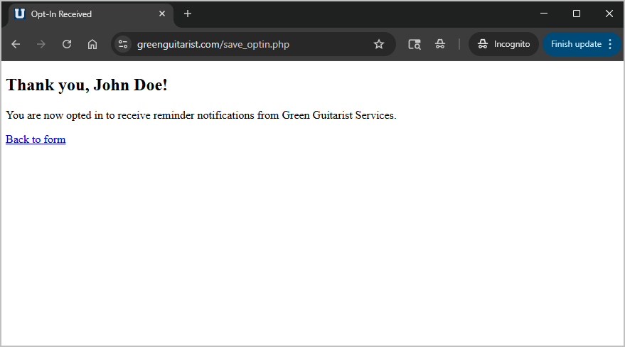 Confirmation message after successful opt-in